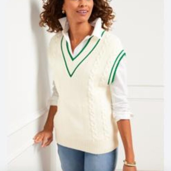 Talbots Drop Shoulder Cable Knit Sweater Vest Preppy Academia Tennis Coastal - Picture 1 of 10